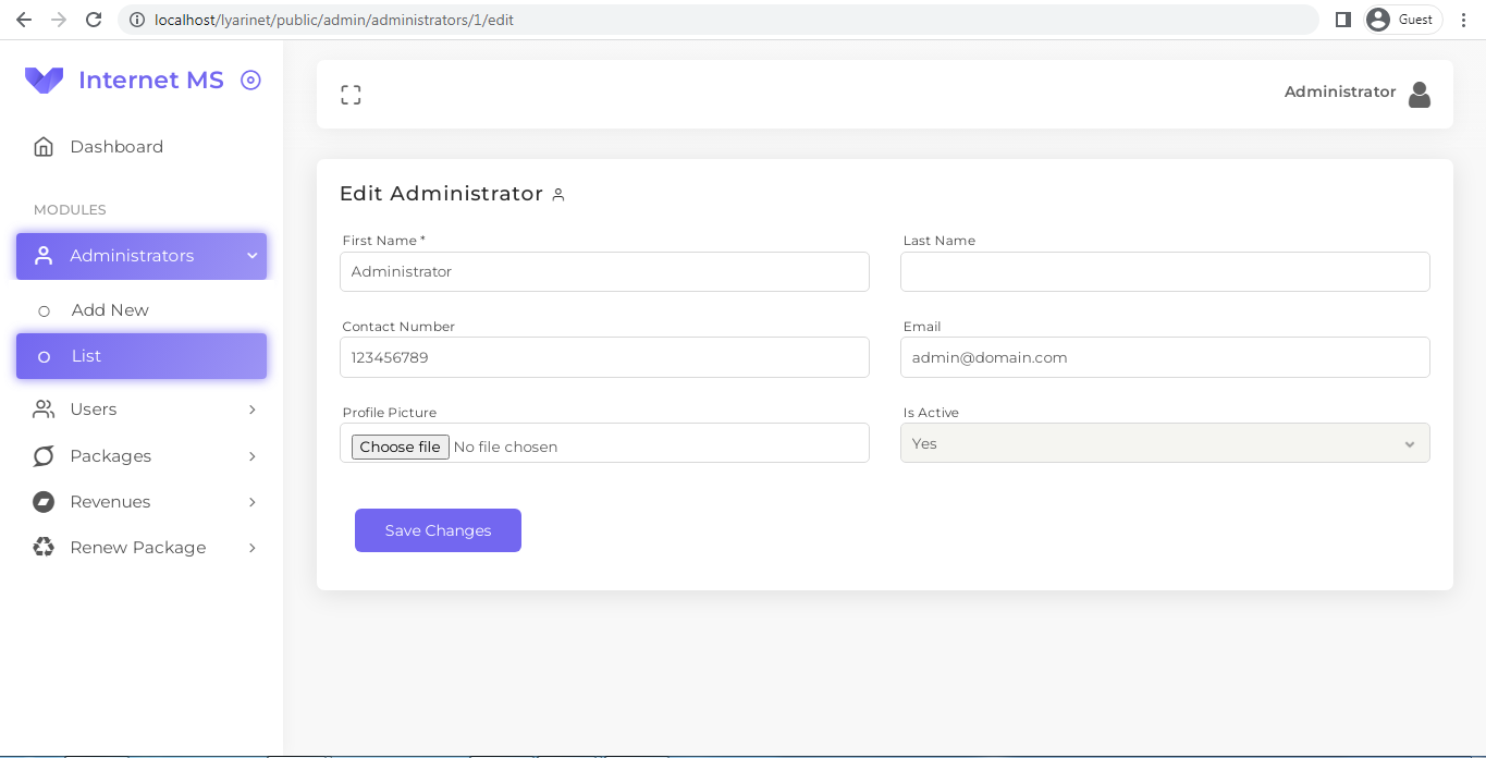Edit Administrator (Admin Panel)